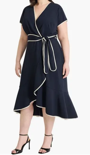 Maggy London Navy Blue Belted Wrap Dress Short Sleeve Size 18. NEW! thumbnail 1