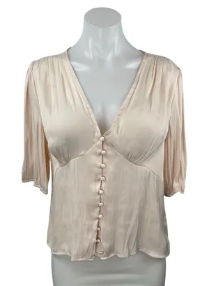 BB Dakota Steve Madden Cream Half Sleeve V Neck Button Front Blouse Top Size M thumbnail 1