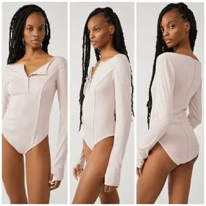 Free People Pink Nectar Sloane Henley Long Sleeve Bodysuit, XS thumbnail 9