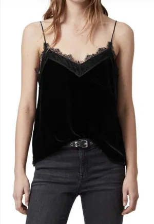 AllSaints Black Velvet Lace-Trim Spaghetti Strap Cami thumbnail 1