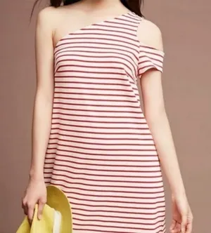 Anthropologie Maeve Red White Striped One Shoulder‎ Dress Size Small thumbnail 1