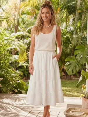 OLIVE & CO. White Tiered Boho Cottagecore Midi Skirt | High Elastic Waist thumbnail 2