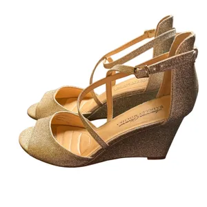 American Glamour Badgley Mischka Gold Glitter Wedge Sandals Peep Toe Heels 7 thumbnail 2