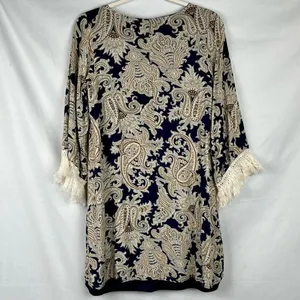 Entro Women’s Paisley Crewneck Long Sleeve Fringe Dress Small thumbnail 4