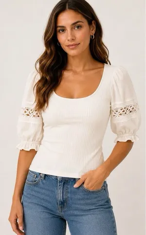 Free People NWT $68 Something Special Top White Ribbed Knit Puff Sleeve Ruffle thumbnail 1