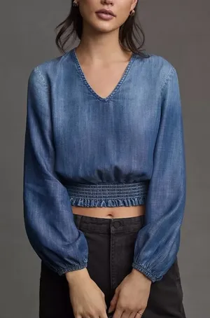 Cloth & Stone Anthropologie Smocked Waist Blouse Tencel Denim Chambray Top S thumbnail 1