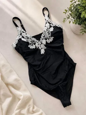 Women’s Size Medium Black One Piece Swimsuit White Lace Floral Embroidered thumbnail 1