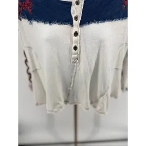 Free People We The Free Rio Henley Small Cream Navy Embroidered Indie Boho thumbnail 10