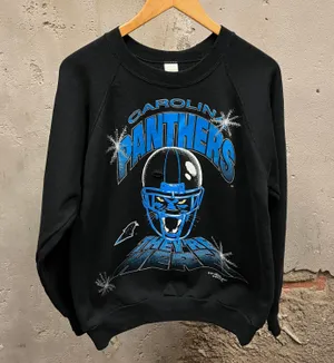 The Vintage Shop Vintage 1993 Carolina Panthers They’re Here! 1993 Raglan Cut Black Sweatshirt L thumbnail 1