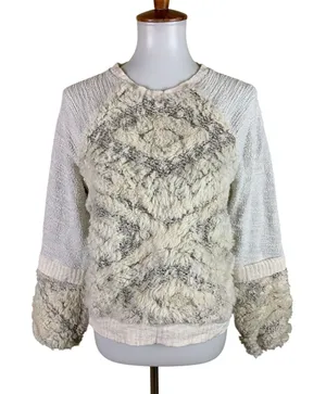 Amadi‎ Textured Faux Fur Knit Sweater Cream Gray Bell Sleeve Pullover Small thumbnail 1