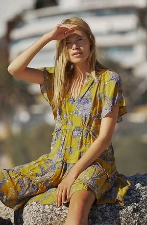 By Anthropologie Robin Tiered Mini Dress Small Yellow Floral Paisley Boho‎ Flowy thumbnail 1