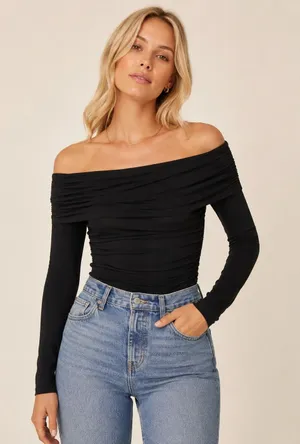 NWT Reformation Amabel Knit Top Black Off Shoulder Ruched S thumbnail 1