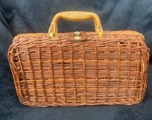 Vintage Wicker Rattan Box Purse Structured Top Handle Basket Handbag thumbnail 1
