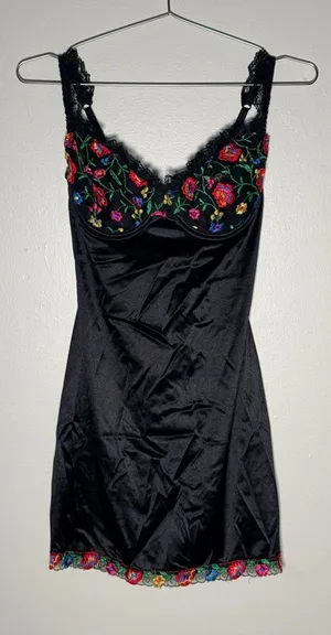 Vintage Victorias secret black embroidered floral and lace slip thumbnail 1