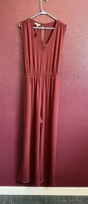 Maurices Maroon Jumpsuit Lace Trim, Soft Knit Sleeveless Wide Leg V Neck X Large thumbnail 1