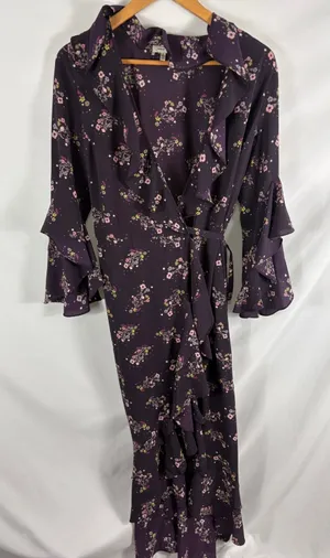 Max Studio Ruffle Long Sleeve Purple Floral Wrap dress Maxi Size Small thumbnail 1