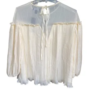 Topshop Boho Feminine Fairy Romantic Cream Pastel Pleated Sheer Neckline Blouse Size 8 thumbnail 5