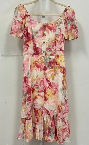Boutique Luxology Floral Midi Dress Smocked Back Puff Sleeve‎ Size S Yellow Pink thumbnail 1