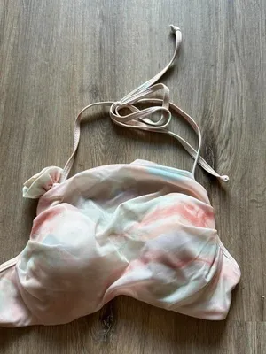Pastel tie-dye bikini set (top, bottom, coverup) with pink, peach, and light blu thumbnail 6