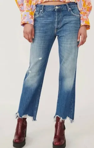 Free People Mid Rise Maggie Button Fly Straight Leg Chewed Hem Jeans Blue 26 thumbnail 1