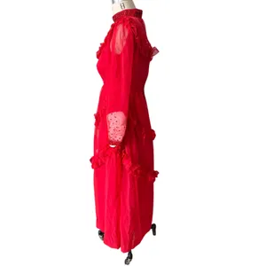 Vintage Red Ruffle & Crystal Embellished Long Sheer Dress Size Small thumbnail 4