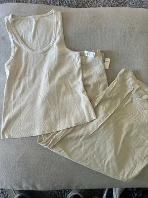 Aerie 2 Piece Set Women XXL Beige Linen Blend Wide Leg Pants Ribbed Tank NEW thumbnail 1