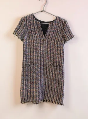 Ann Taylor Multi-Color‎ Tweed V-Neck Shift Dress with Fringe Trim thumbnail 1