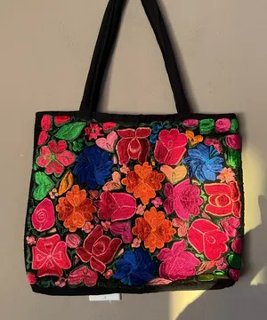 Floral Embroidered Tote Bag with Black Handles thumbnail 1