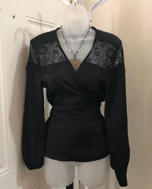 Whimsygoth grunge Black lace long lantern bishop sleeve wrap top V-neck office siren top blouse-Size M Measurements in pics thumbnail 1