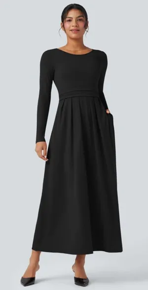 Halara Scoop Neck Long Sleeve Flare Maxi Casual Dress with Pockets New thumbnail 1