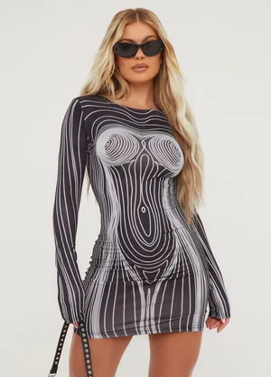 ⏳ Long Sleeve Contrast Body Print Bodycon Mini Dress ⏳ thumbnail 1