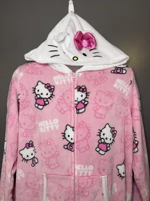 Hello Kitty One Piece Pajamas Womens XL Pink Hooded Fleece One-piece Sleepwear thumbnail 1