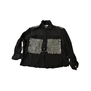 ZARA Black Sheer Blouse Black White Cream Tweed Pockets Button Up‎ Size Medium thumbnail 2