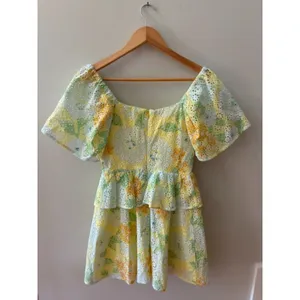 Sabo Skirt Floral Eyelet Mini Dress Size S US 4 Yellow Green Puff Sleeve Ruffle thumbnail 5