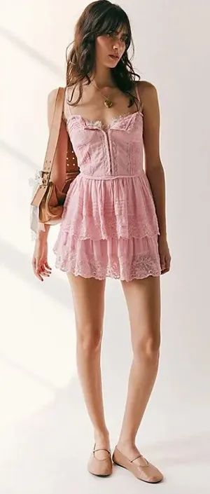 LoveShackFancy Nerida Mini Corset Tiered Dress Cherry Pink Lace Coquette thumbnail 1