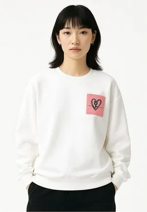 Women's White Sweatshirt with Heart Sticker Print Graphic, XS, Long Sleeve New‎ thumbnail 1