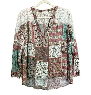 UMGEE Top Womens Medium Multicolor Patchwork Boho Print Blouse Ladies thumbnail 1