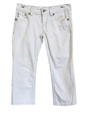 Miss Me Jeans White Cuffed Capri Cropped Jeans Embellished Pockets Women’s Sz 28 thumbnail 1