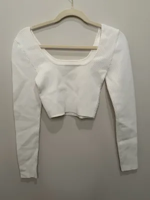 Babaton Aritzia White Ribbed Square Neck Long Sleeve Crop Top Small 113234 thumbnail 4