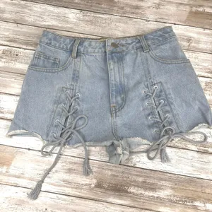 Lace Up Denim Micro Shorts S Light Wash Blue Frayed Boho Festival Daisy‎ Dukes thumbnail 1
