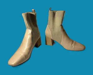 COPY - Sock/Leather Bootie in Beige Size10 Chunky Heel, Sq. Toe Women's thumbnail 1