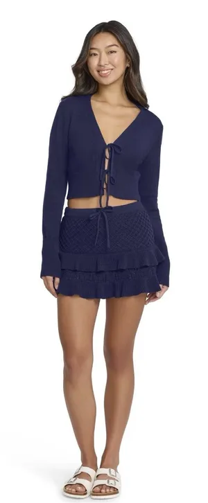 Millie Bobby Brown Navy Knit Tie-Front Ruffle Mini Skirt Soft Perfect Fit XXS thumbnail 1