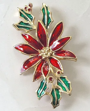 Vintage Costume Jewelry Brooch Red Green POINSETTIA Holiday Xmas Enamel thumbnail 2
