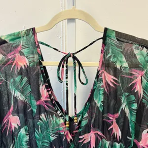 Miken Swim Tropical Bird of Paradise Floral Sheer Beach Cover Up Black Medium thumbnail 5