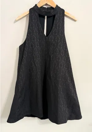 Olivaceous Mini Dress Womens Large Black Damask Jacquard Mock Neck Cutout A-Line thumbnail 1