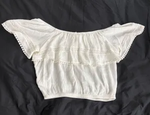 H&M + Coachella Cream Lace PomPom Off The Shoulder Top thumbnail 9