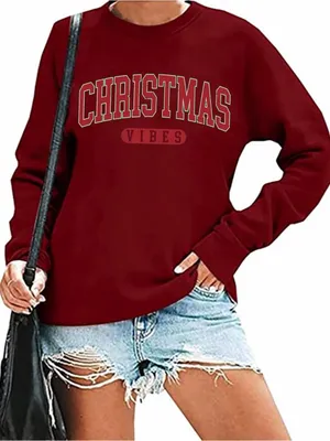Women Christmas Vibes Sweatshirt Letter Print Xmas Long Sleeve Shirt 2X NEW thumbnail 1
