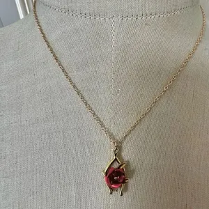 Vintage Gold-Tone Wishbone Red Rose Pendant Necklace thumbnail 2