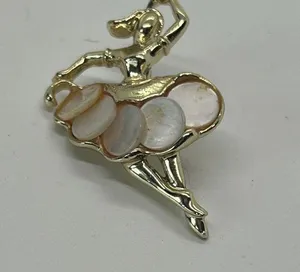 Vintage Gold-Tone Ballerina Brooch With Mother Of Pearl Accents Tutu 1 7/8" thumbnail 3