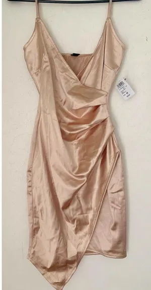 Windsor Asymmetrical Gold Satin Mini Bodycon Dress thumbnail 1
